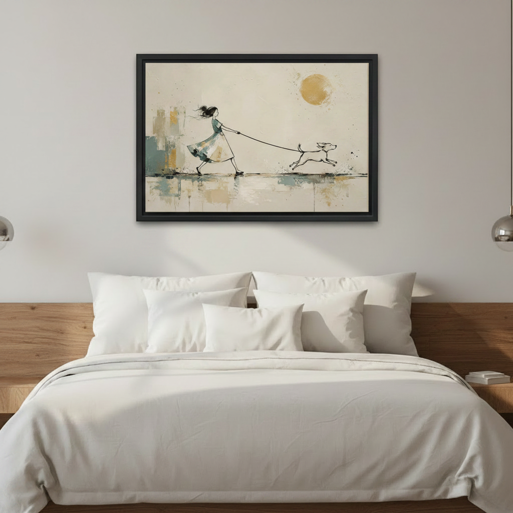 Black framed minimalist watercolor ink canvas of a girl with windswept hair in a teal dress walking a bounding dog on a leash under a golden sun, hung above a white linen bed in a modern bedroom with wooden headboard and silver globe wall sconces