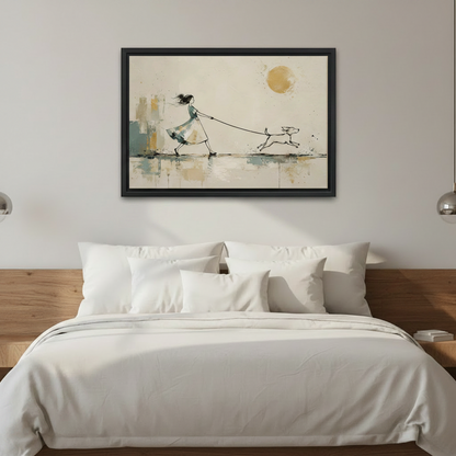 Black framed minimalist watercolor ink canvas of a girl with windswept hair in a teal dress walking a bounding dog on a leash under a golden sun, hung above a white linen bed in a modern bedroom with wooden headboard and silver globe wall sconces