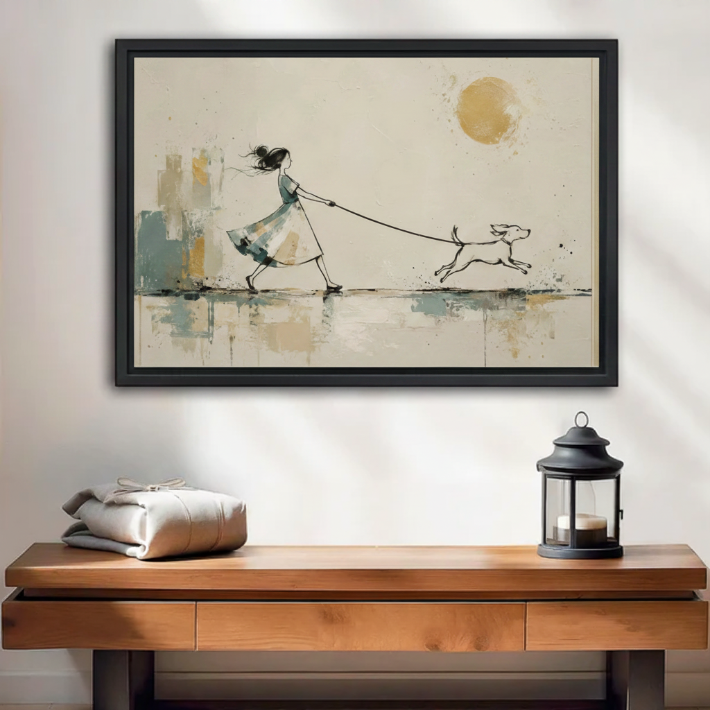 Black framed watercolor and ink canvas of a girl in a teal dress with windswept hair walking a bounding dog on a leash past abstract teal and gold brushstroke buildings under a warm golden sun, displayed above a wooden console table with a black lantern
