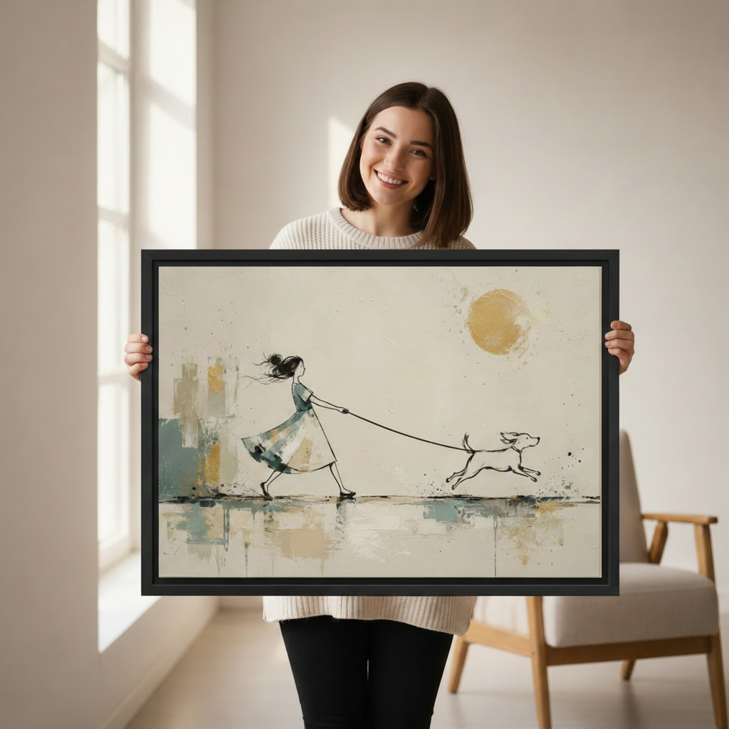 Smiling woman holding a large black-framed watercolor and ink canvas art print of a girl in a teal dress walking a leaping dog on a leash with abstract teal buildings and a glowing golden sun on a cream background