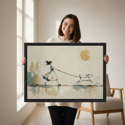 Smiling woman holding a large black-framed watercolor and ink canvas art print of a girl in a teal dress walking a leaping dog on a leash with abstract teal buildings and a glowing golden sun on a cream background