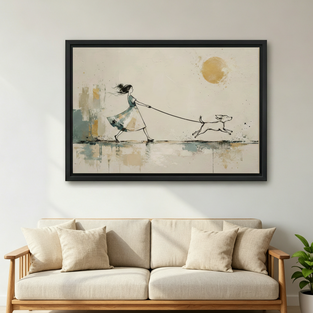Black framed minimalist girl and dog walking watercolor canvas hung above a cream linen Scandinavian sofa, featuring a loose ink figure in a teal dress with a bounding dog on a leash and abstract gold and teal cityscape on a warm beige background