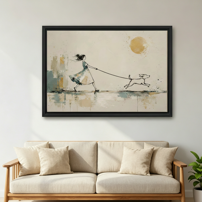 Black framed minimalist girl and dog walking watercolor canvas hung above a cream linen Scandinavian sofa, featuring a loose ink figure in a teal dress with a bounding dog on a leash and abstract gold and teal cityscape on a warm beige background