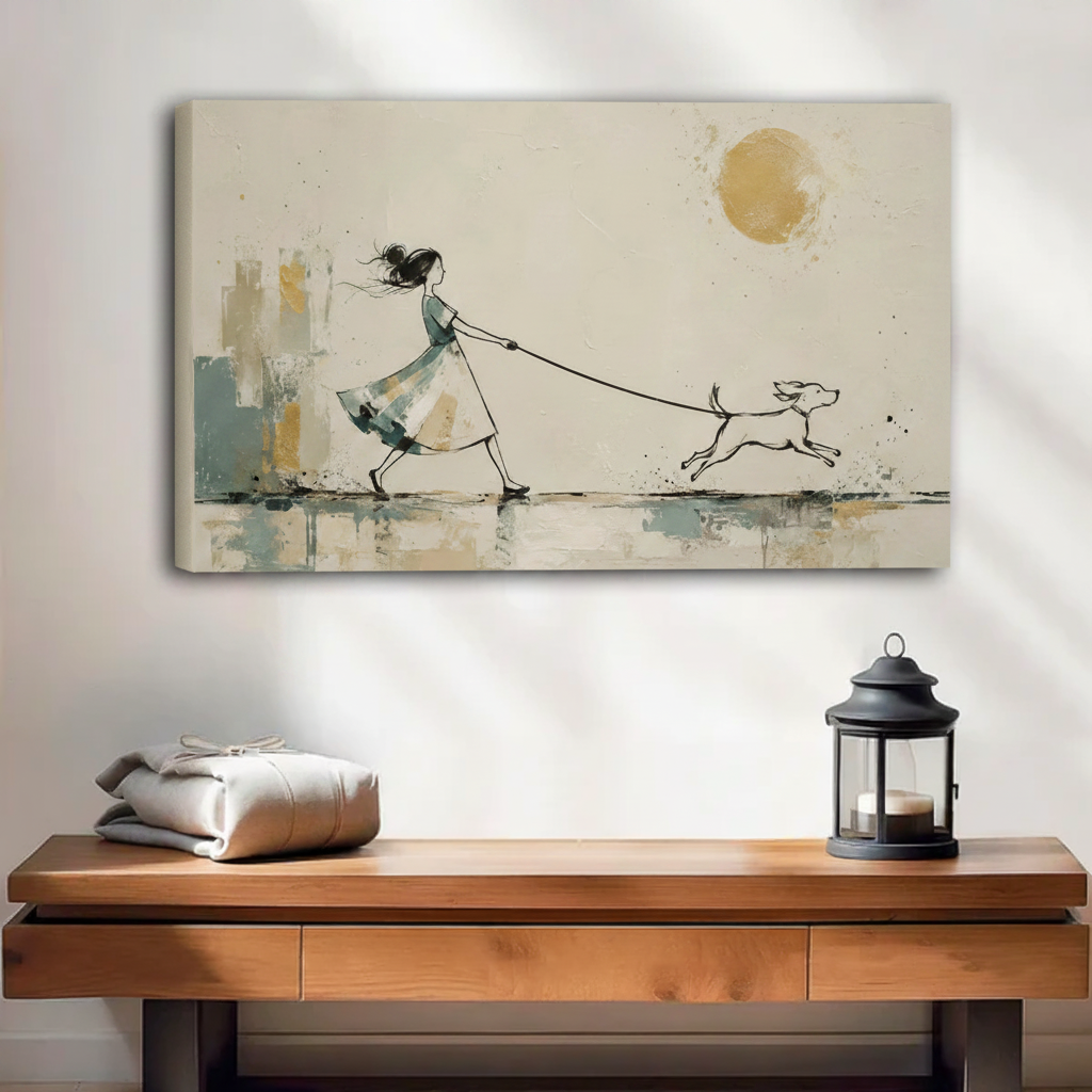 Frameless gallery-wrap canvas of a minimalist ink and watercolor illustration showing a girl in a flowing teal dress leading a leaping dog on a leash with abstract teal and gold cityscape brushstrokes under a golden sun, hung above a wooden console table