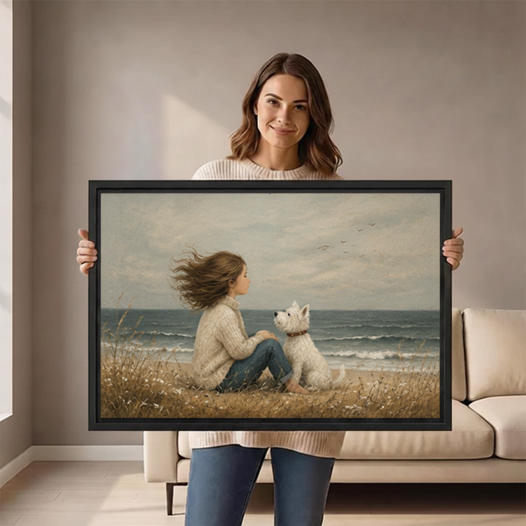 Woman holding large girl and westie dog beach oil painting framed canvas print, emotional coastal wall art size reference