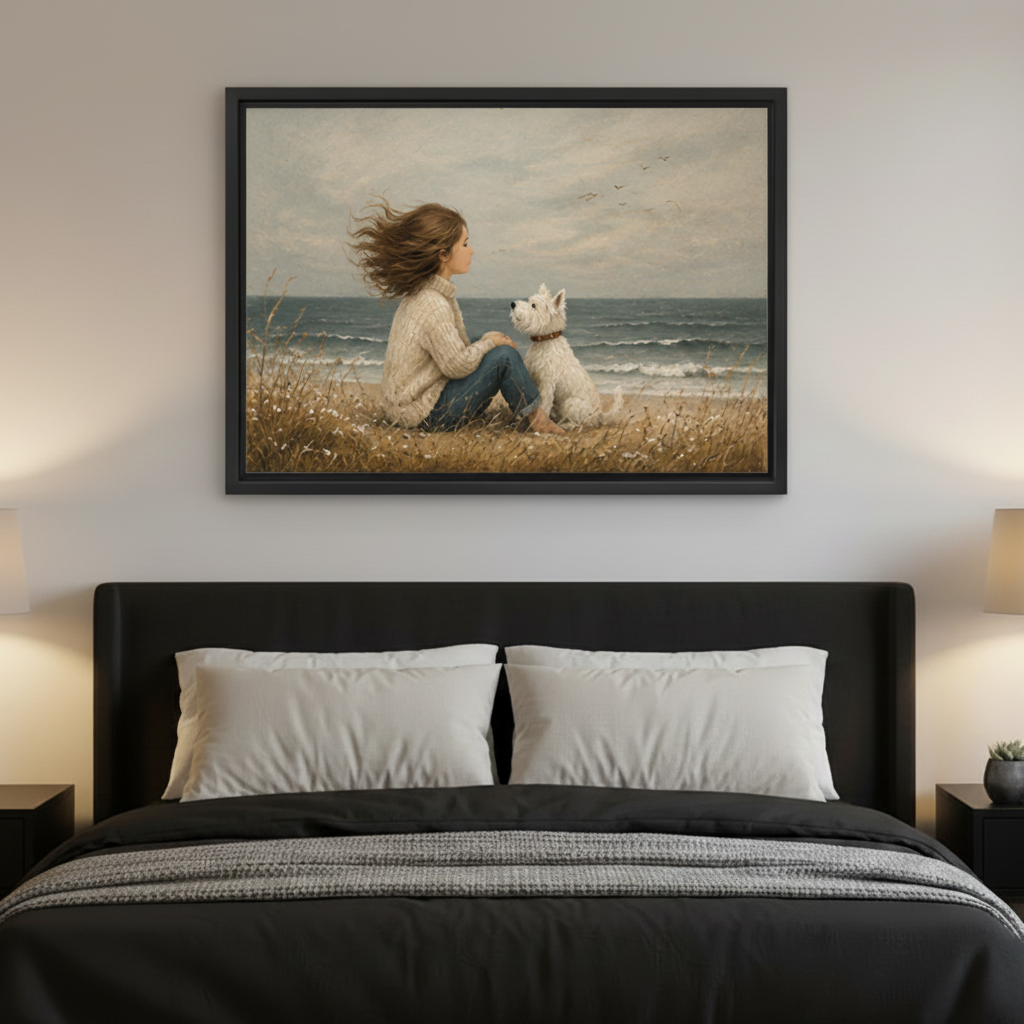 Vintage oil painting girl and white dog by the sea framed wall art above dark bed, serene coastal bedroom wall decor
