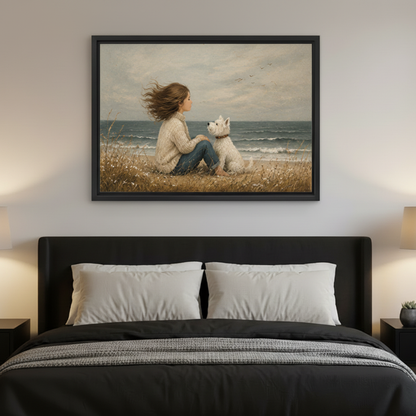 Vintage oil painting girl and white dog by the sea framed wall art above dark bed, serene coastal bedroom wall decor