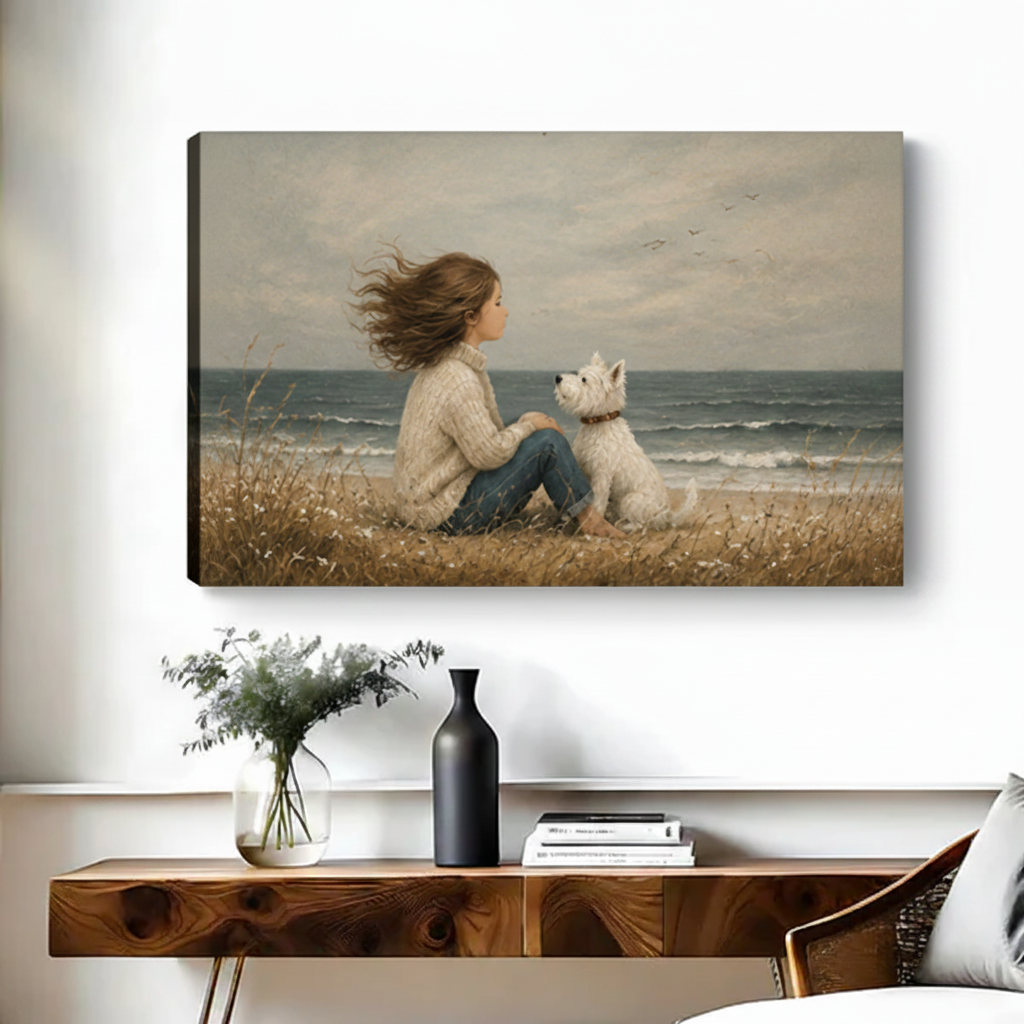 Frameless canvas wrap of girl and white dog sitting by ocean in windswept grass, vintage oil painting coastal wall art for modern home