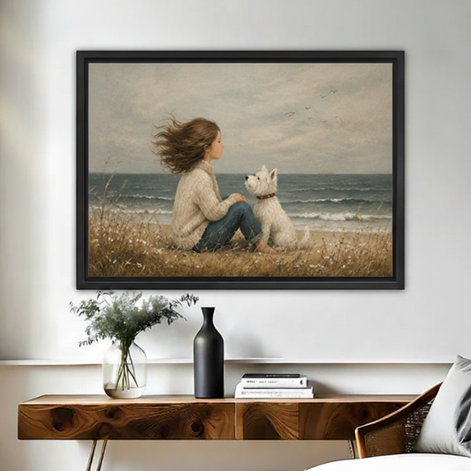 Oil painting style girl and white westie dog sitting on beach grass framed wall art above wooden console, coastal vintage canvas for living room