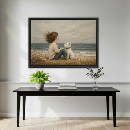 Girl and white westie dog gazing at ocean framed wall art above black console table, moody vintage coastal print for entryway