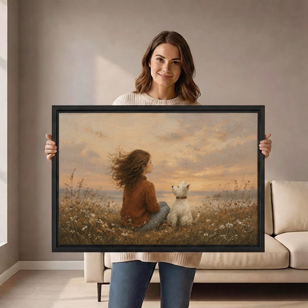  Woman holding large girl and westie dog sunset meadow framed canvas print, warm vintage oil painting wall art size reference