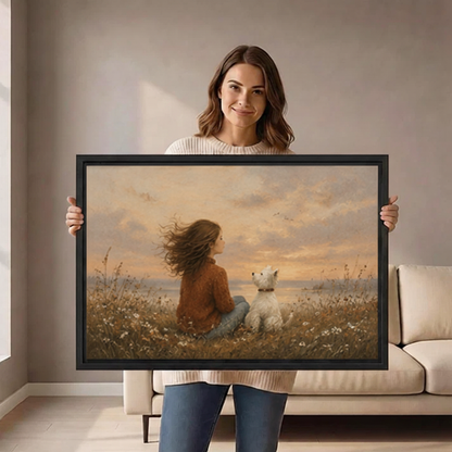  Woman holding large girl and westie dog sunset meadow framed canvas print, warm vintage oil painting wall art size reference