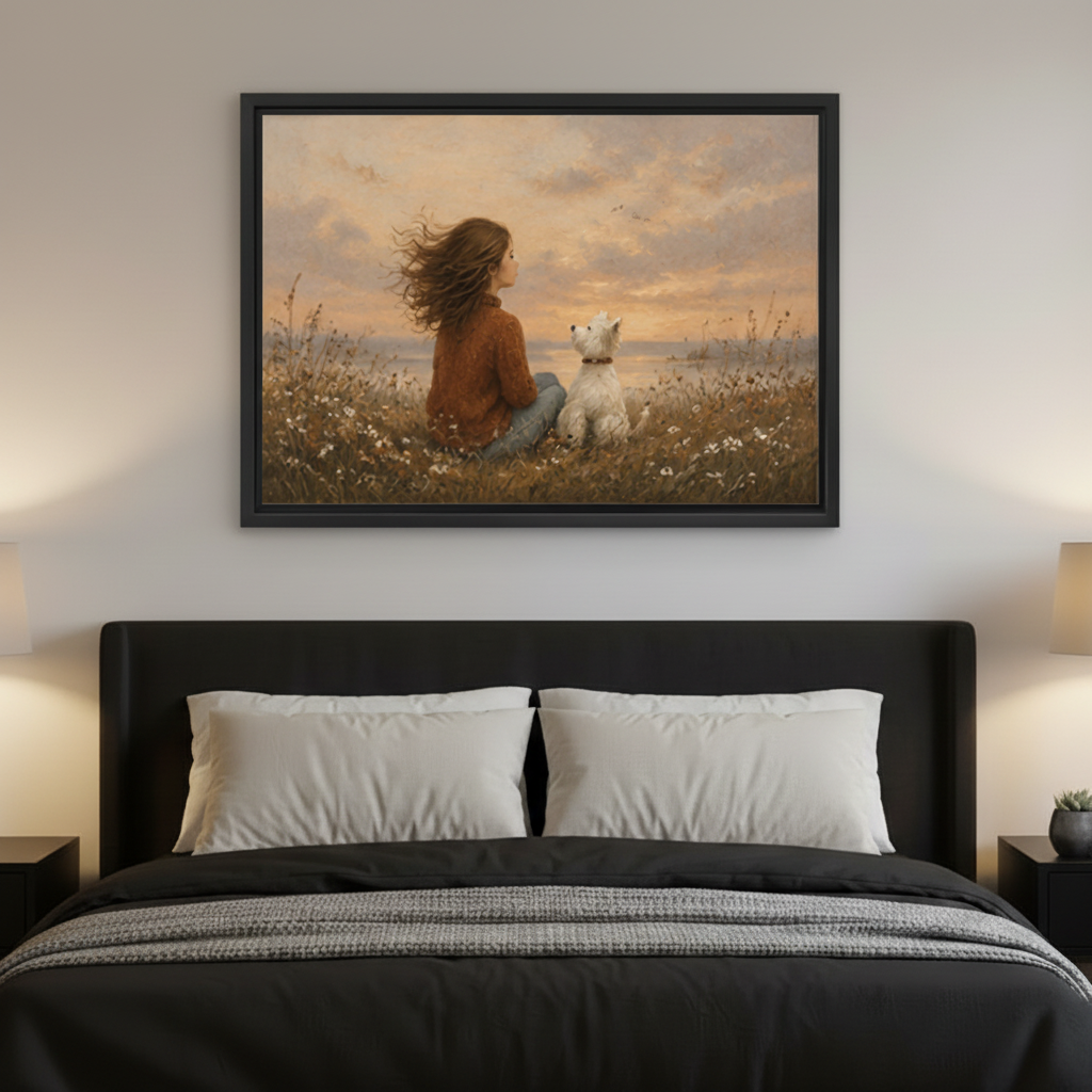 Warm vintage oil painting girl and white dog in golden meadow framed wall art above dark bed, serene sunset bedroom wall decor