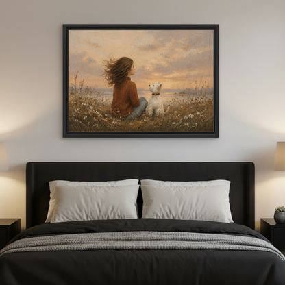 Warm vintage oil painting girl and white dog in golden meadow framed wall art above dark bed, serene sunset bedroom wall decor