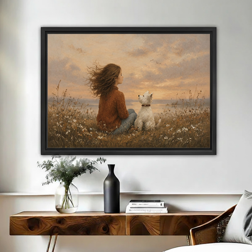 Vintage oil painting girl and white westie dog in wildflower field at sunset framed wall art above wooden console, warm toned coastal canvas for living room