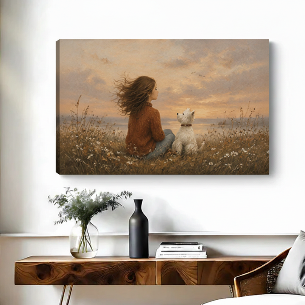  Frameless gallery wrap canvas of girl and white dog sitting in golden wildflower meadow at dusk, romantic vintage wall art for modern living room
