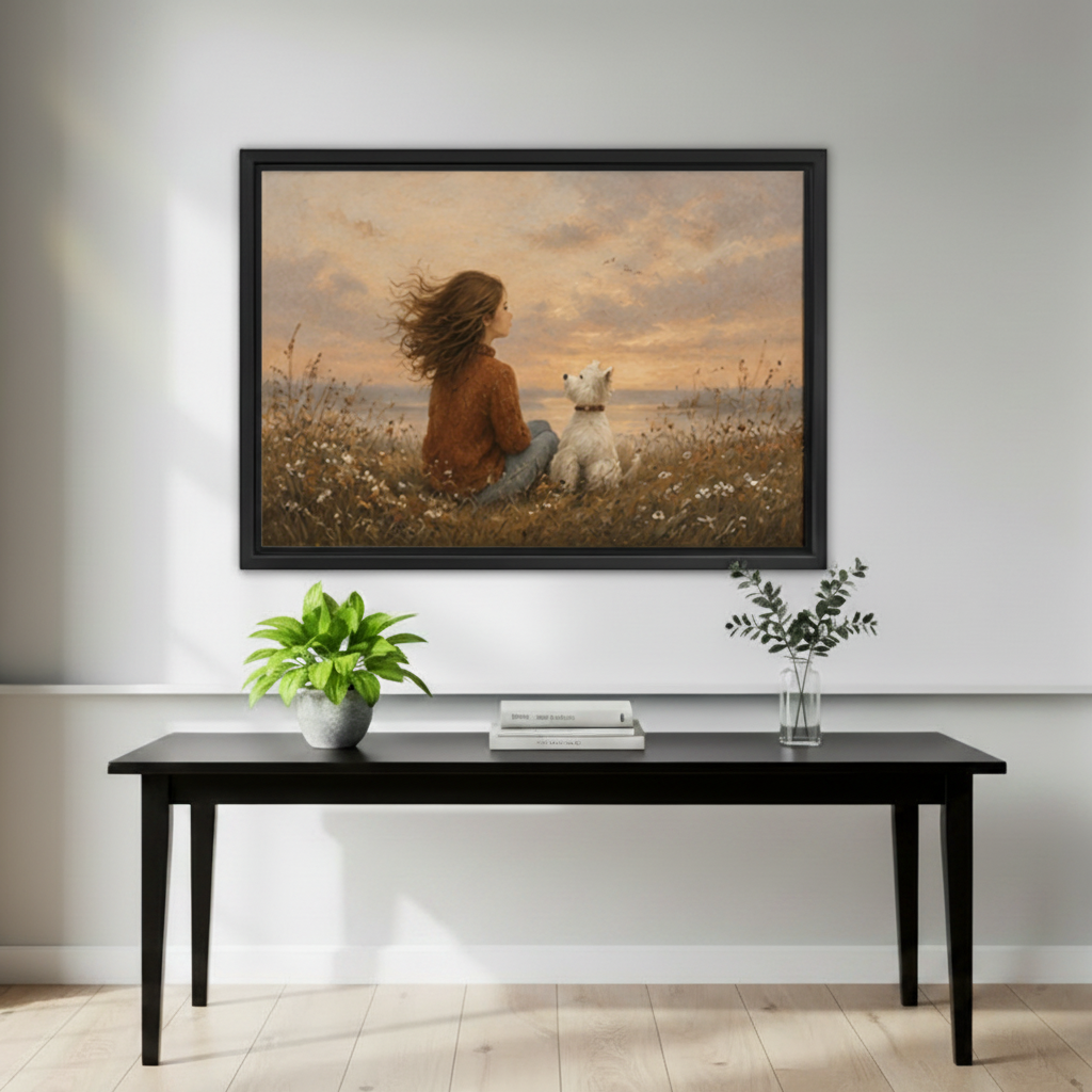Girl and white westie dog in wildflower field sunset framed wall art above black console table, moody warm toned vintage print for entryway