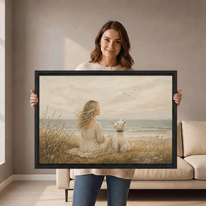 Woman holding large girl in white dress and westie dog coastal oil painting framed canvas print, neutral vintage wall art size reference