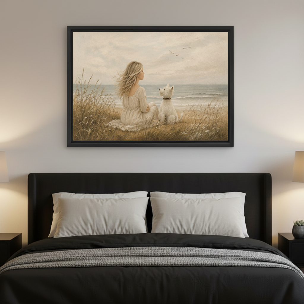  Serene vintage oil painting girl in white dress and white dog by coastal grass framed wall art above dark bed, neutral beige bedroom wall decor