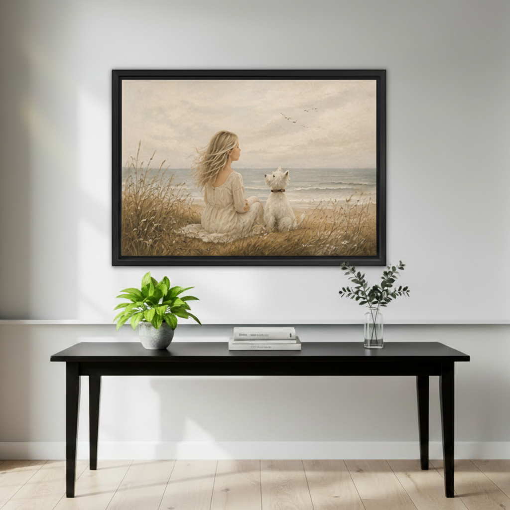 Girl in white dress and white westie dog gazing at sea framed wall art above black console table, calm neutral coastal print for entryway decor