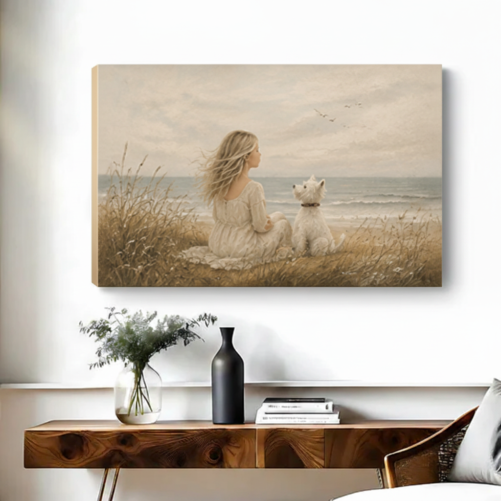 Frameless gallery wrap canvas of girl in white dress and white dog by the sea in golden coastal grass, soft neutral vintage wall art for modern living room