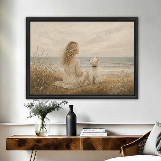  Vintage oil painting girl in white dress and westie dog sitting in coastal grass framed wall art above wooden console, serene beige coastal canvas for living room