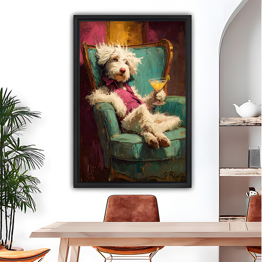 Glamorous vintage dog cocktail canvas wall art in a black frame above a sofa.
