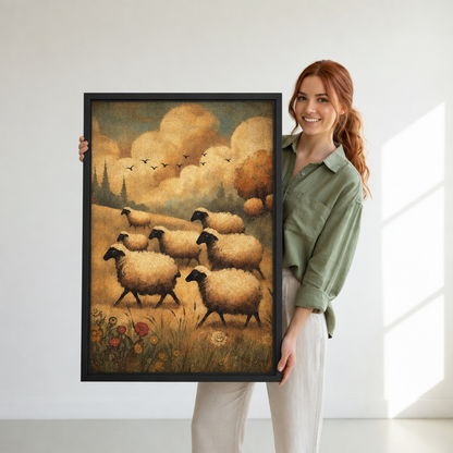 A woman holds sheep flock canvas wall art featuring a golden field, dark-faced sheep, and birds in flight.