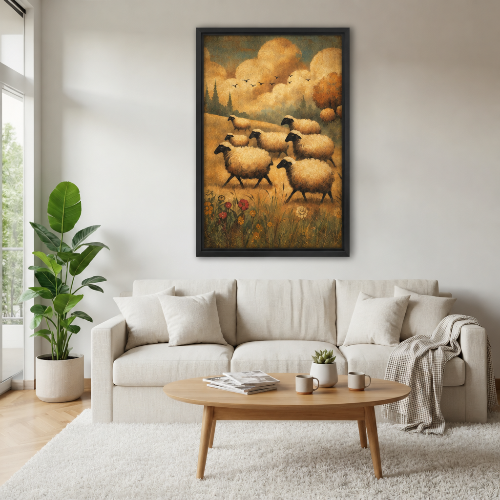 Framed sheep flock canvas wall art hangs above a white sofa in a bright living room.