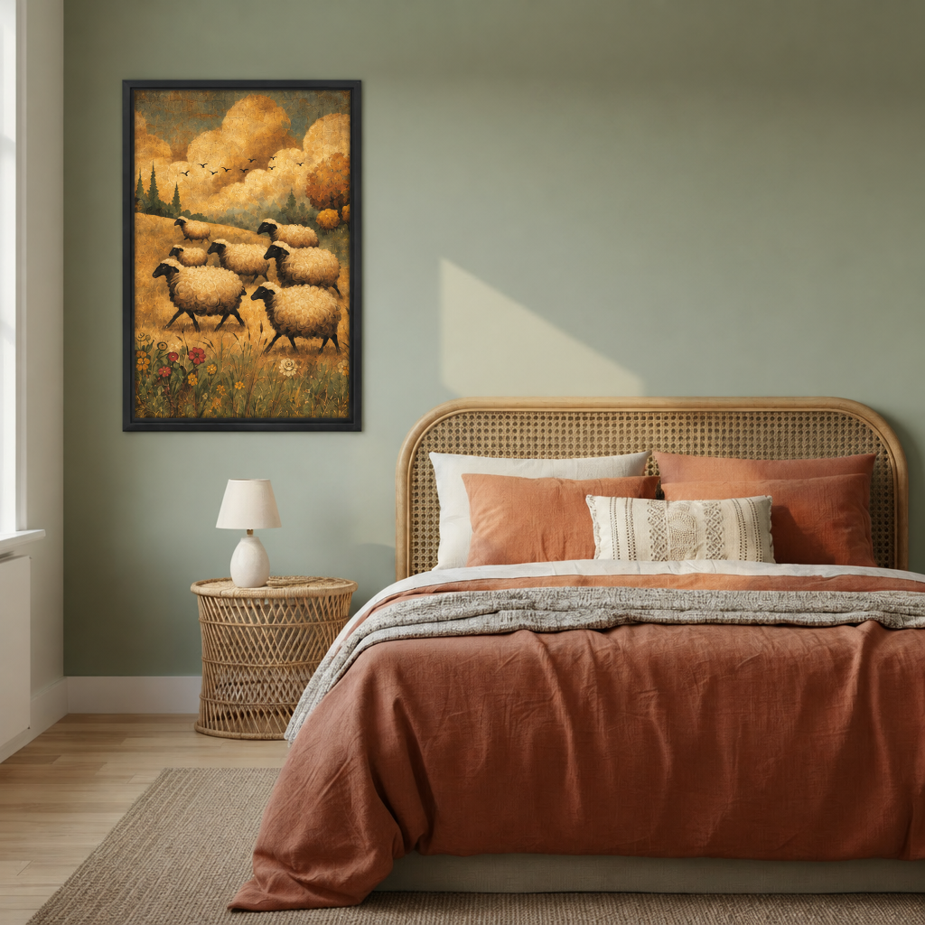 Framed sheep flock canvas wall art hangs  in a bright bedroom.