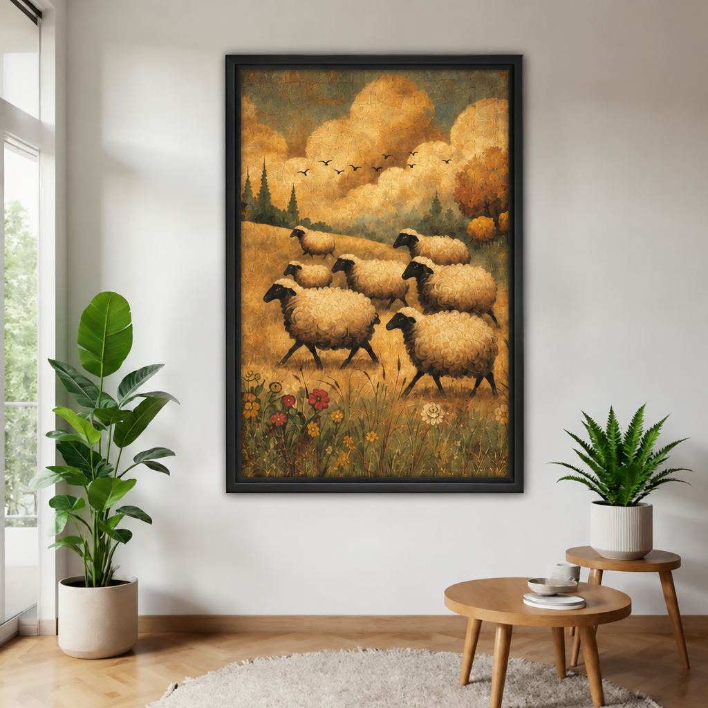 Framed sheep flock canvas wall art shows woolly sheep crossing a golden meadow beneath glowing clouds.