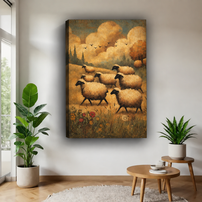 Gallery-wrap sheep flock canvas wall art displays a golden pastoral scene with birds and wildflowers.