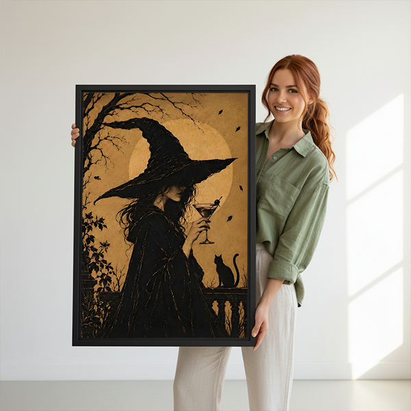 Gallery-wrap golden moon witch and black cat canvas wall art on a bright wall between potted plants