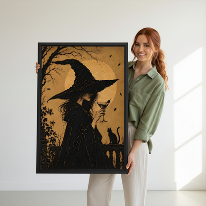 Gallery-wrap golden moon witch and black cat canvas wall art on a bright wall between potted plants