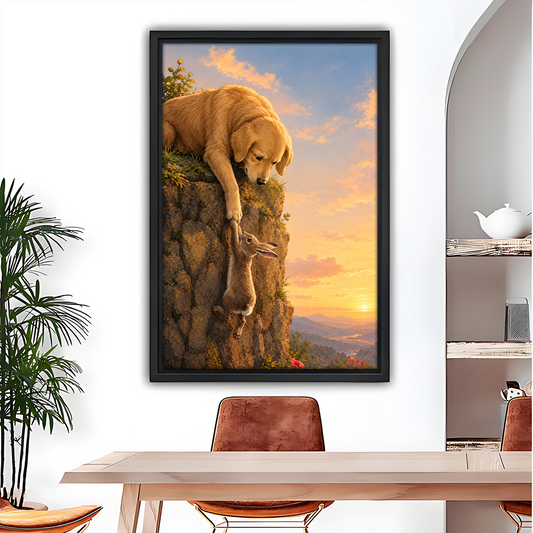 Golden retriever dog rescue canvas wall art showing a dog helping a rabbit above a sunset mountain valley.