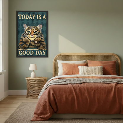 Framed Good Day cat canvas wall art above a bedside table beside a rattan bed with terracotta bedding.