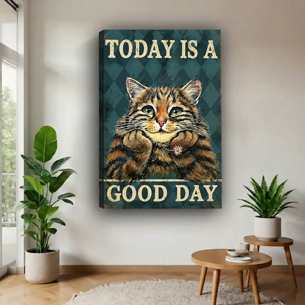 Gallery-wrapped Good Day cat canvas wall art displayed beside a bright window with potted plants.