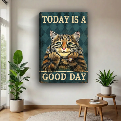 Gallery-wrapped Good Day cat canvas wall art displayed beside a bright window with potted plants.