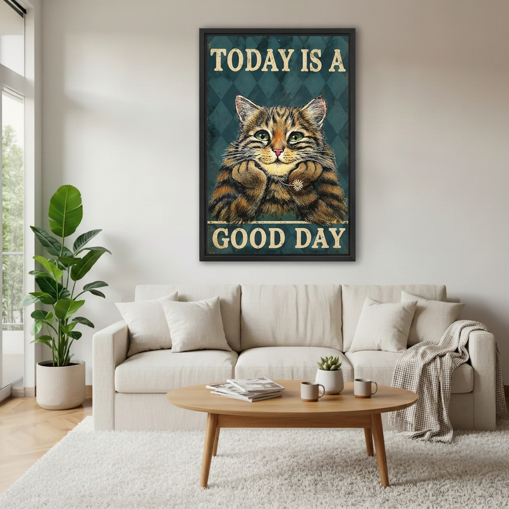 Framed Good Day cat canvas wall art hanging above a cream sofa with a wooden coffee table.