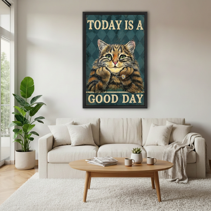 Framed Good Day cat canvas wall art hanging above a cream sofa with a wooden coffee table.