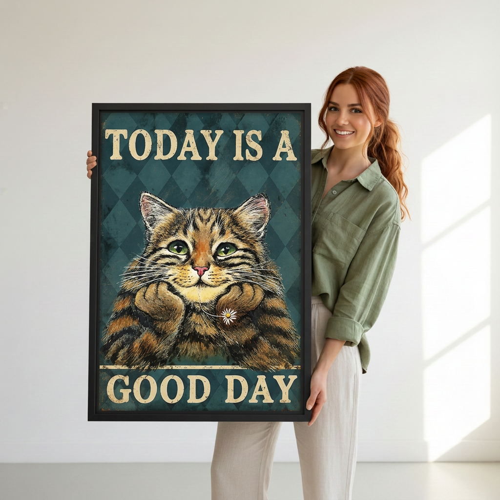 Woman holding framed Good Day cat canvas wall art with a tabby illustration and teal diamond background.