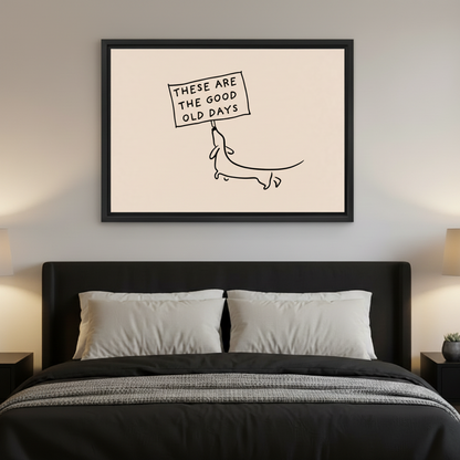 Good old days dachshund line art framed canvas wall art centered above dark bed as heartwarming bedroom decor