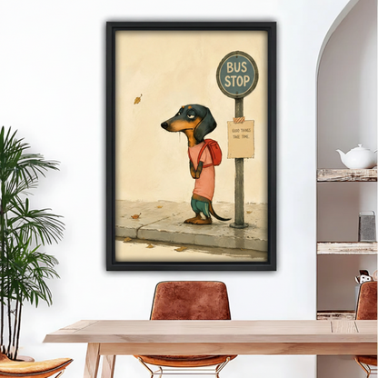 good things take time dachshund bus stop canvas wall art in black float frame above dining table