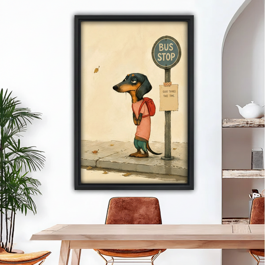 good things take time dachshund bus stop canvas wall art in black float frame above dining table
