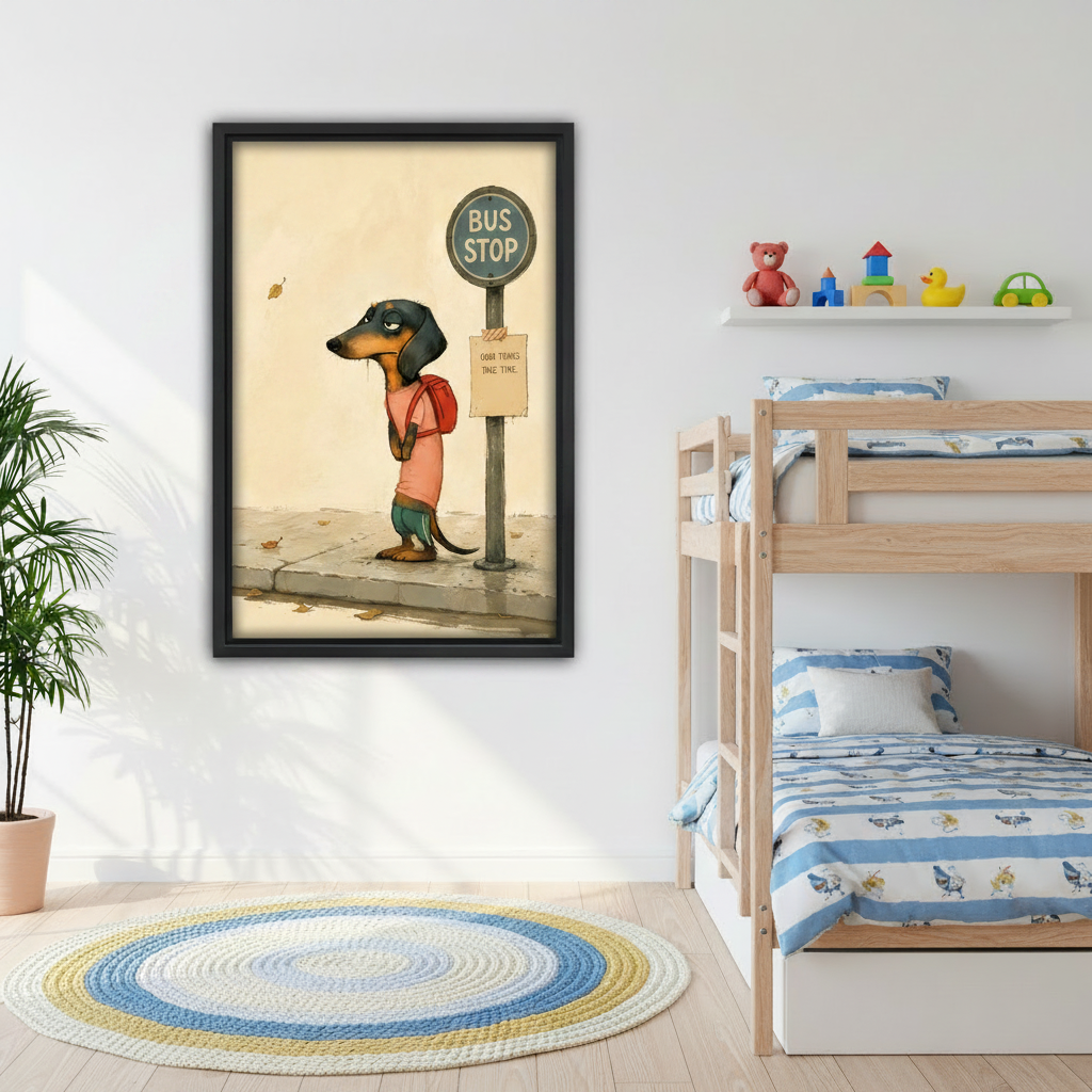good things take time dachshund bus stop framed canvas wall art in black float frame above kids bunk bed