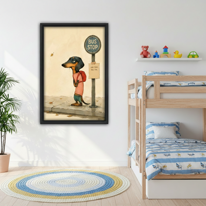 good things take time dachshund bus stop framed canvas wall art in black float frame above kids bunk bed