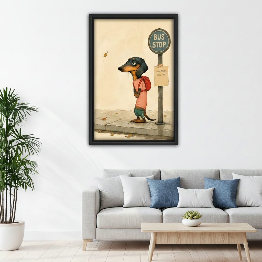good things take time dachshund bus stop canvas wall art in black float frame above gray sofa
