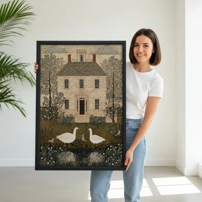 Woman holding framed goose house canvas wall art featuring two white geese in a garden.