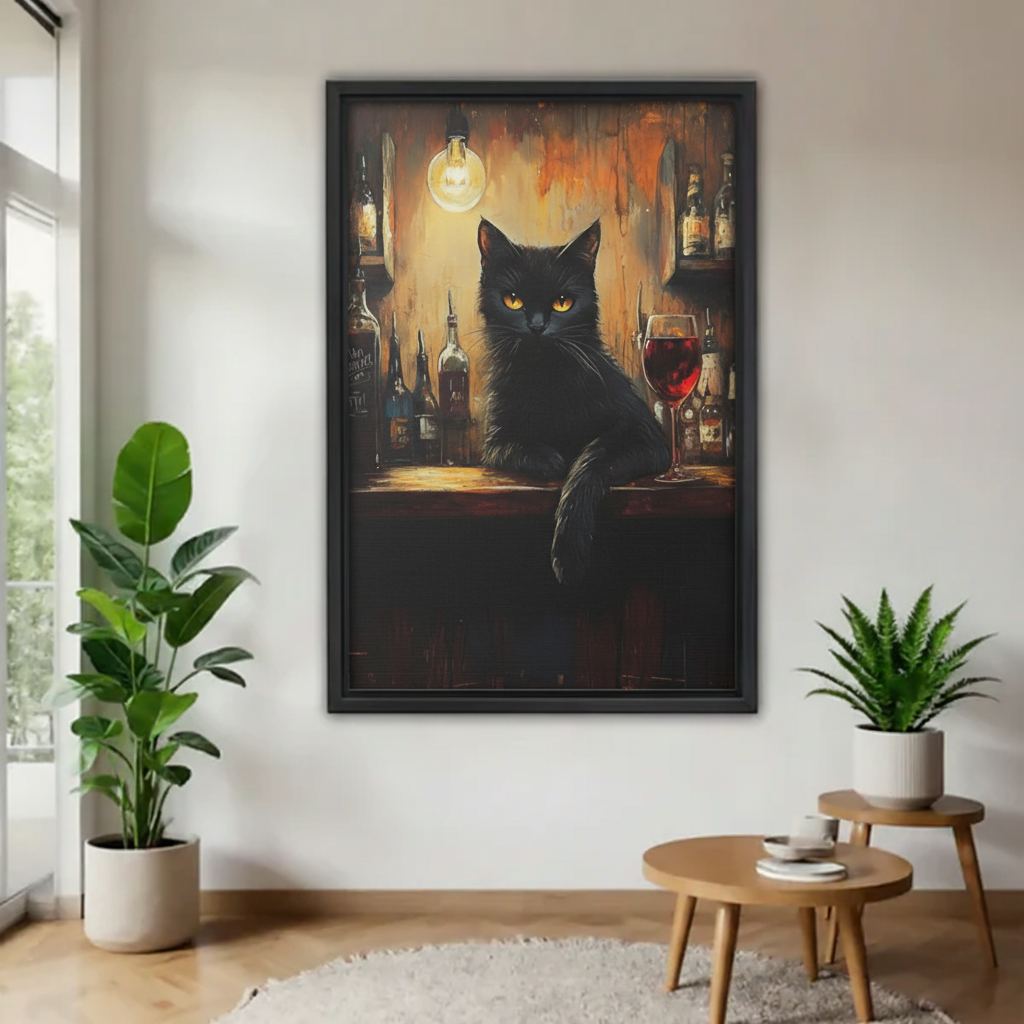 Framed gothic black cat canvas wall art displayed beside plants in a bright room
