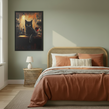 Framed gothic black cat canvas wall art hanging above a warm bedroom